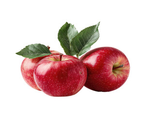 Three glossy red apples, slightly overlapping, with fresh green leaves