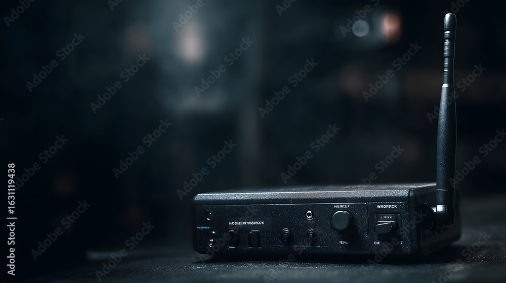 Poster wireless microphone system with receiver in a dark focused setting