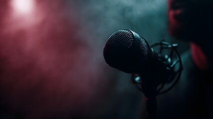 Dual microphones in a moody creative recording studio setting