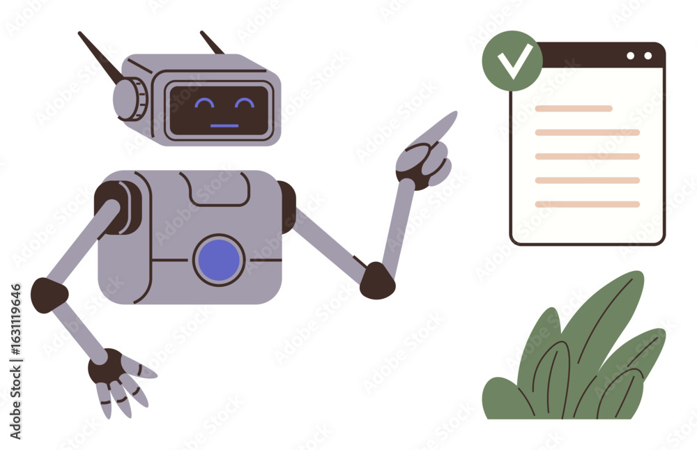 Poster smiling robot gesturing at checklist with completed item, conveying technological reliability, produ