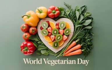 Heart shaped fruit salad surrounded by fresh vegetables for world vegetarian day