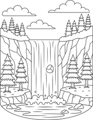 Scenic waterfall flowing into a calm river with pine trees and rocky cliffs in a nature coloring page illustration