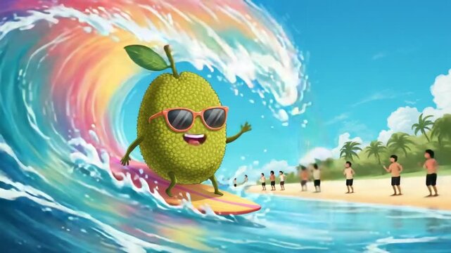 Cartoon fruit surfing on a wave at a beach scene