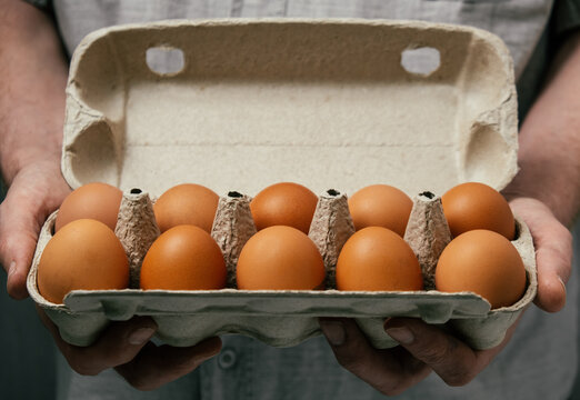 hands are shown holding carton filled with ten brown eggs in cozy kitchen atmosphere. natural light streams in, highlighting freshness eggs. close up.