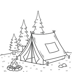 Camping scene with tent and campfire in a forest clearing with pine trees, black and white outline illustration for coloring book