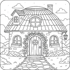 Charming fairytale-style cottage with round windows, garden pathway, and floral vines, black and white illustration for kids coloring books