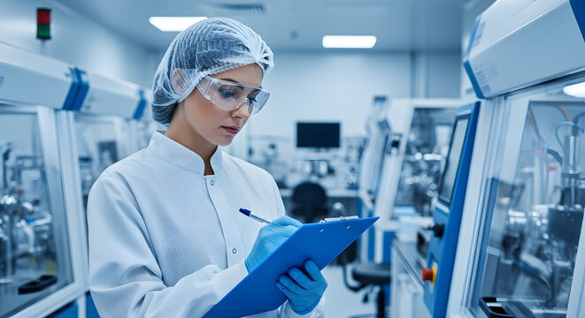 A female scientist in a cleanroom environment, wearing protective gear, meticulously takes notes on a clipboard while surrounded by lab equipment.