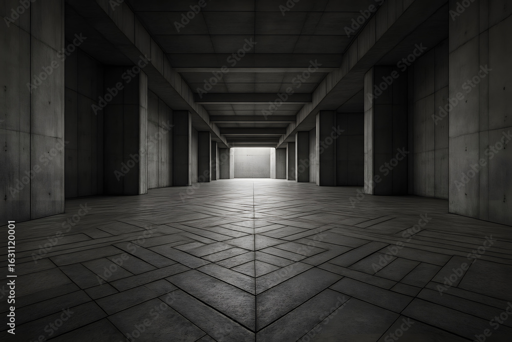 Poster modern concrete architecture: a symmetrical corridor with intricate patterns and lighting effects gi