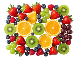 Assorted Fresh Fruit Still Life Vibrant and Colorful Display Featuring Strawberries Kiwi Oranges Blueberries Raspberries and Grapes