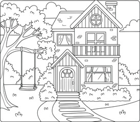 Charming two-story house with front porch, swing on tree, and garden pathway in a cute cartoon line art style for coloring pages