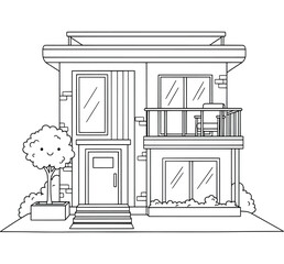 Modern two-story house with balcony and glass windows, cartoon line art style coloring page for architecture design lovers