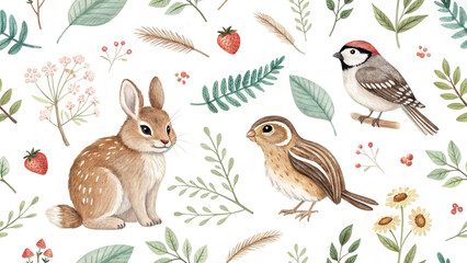Watercolor rabbit birds leaves pattern spring floral design nature animal illustration art background print 100