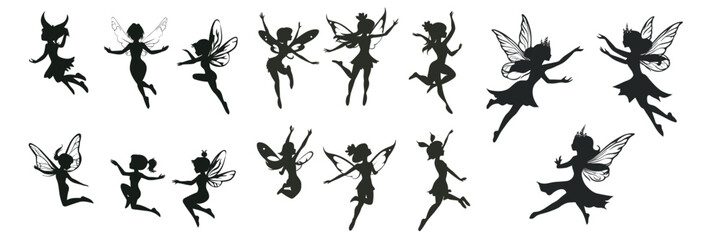 variety of flying fairy silhouettes in magical poses for fantasy themes