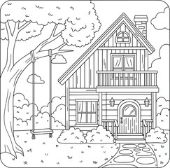 Cozy wooden cabin with front porch, balcony, and tree swing in a scenic garden setting, black and white line art for coloring