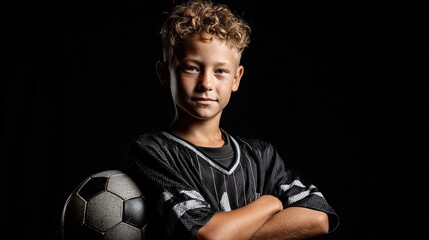 and keywords based on the image, following your criteria

 Confident Boy Poses With Soccer Ball Against Black Background (Studio Shot)