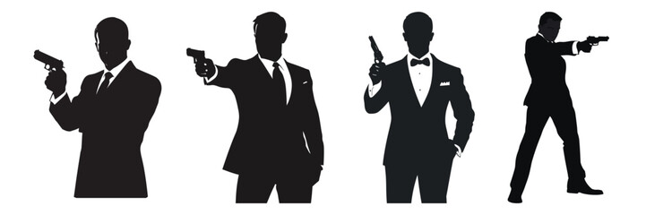 Obraz premium silhouettes of secret agents with guns for action and spy movie design
