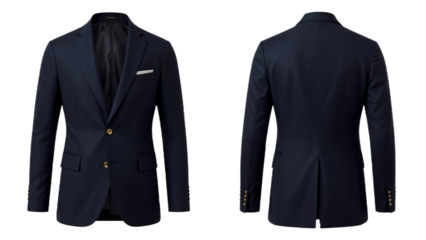 Men's classic navy blue blazer jacket shown in front and back views. Formal business suit isolated on white for fashion and style concepts.