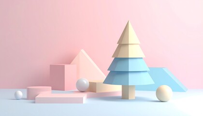 Pastel geometric shapes and a stylized Christmas tree on a light blue surface against a pink background