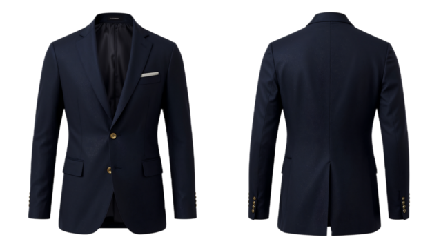 Men's classic navy blue blazer jacket shown in front and back views. Formal business suit isolated on white for fashion and style concepts.