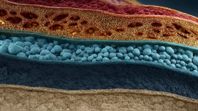 Closeup digital animation highlighting transition through wound healing stages with textured colored layers shiny gold clot fiery red inflammation delicate pink granulation and cool
