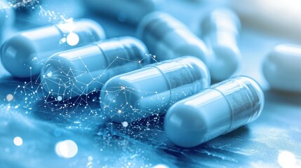 Close-up view of several light-blue capsules.