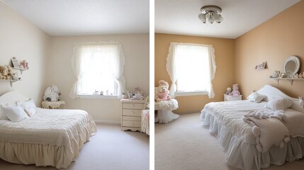 Two bedrooms with a comparison of light beige and light brownish-orange walls.