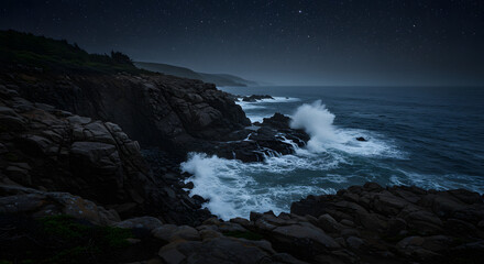 Obraz premium Starry Night Over Rugged Coastline: Ocean Waves Crashing Against Rocky Shore under Starry Sky