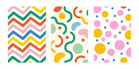 Three vibrant abstract geometric patterns with playful shapes and bright colors