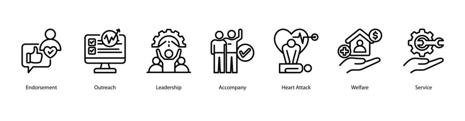 Leadership Acts web banner icon vector illustration featuring Endorsement, Outreach, Leadership, Accompany, Heart Attack, Welfare, and Service.