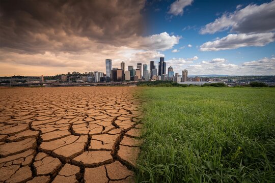 Climate change drought and green earth with city background