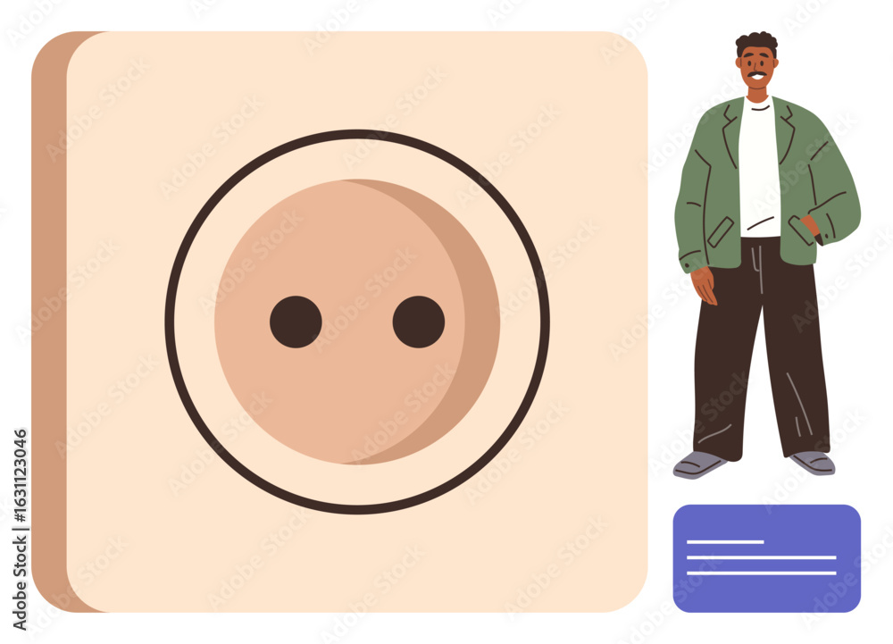 Poster man in casual outfit next to a square electrical socket emphasizing power, connection, and utility. 