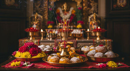 Elaborate Hindu altar adorned with sweets, flowers, and incense sticks
