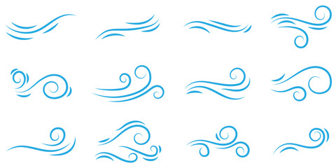 Wind blow line icon. Decorative breeze symbols for weather, nature, and climate designs. Swirls and air flow vector icon.