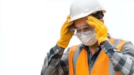 Fototapeta premium A man wearing a hard hat, or safety helmet, is a construction worker, builder, or contractor, an engineer, or even a firefighter