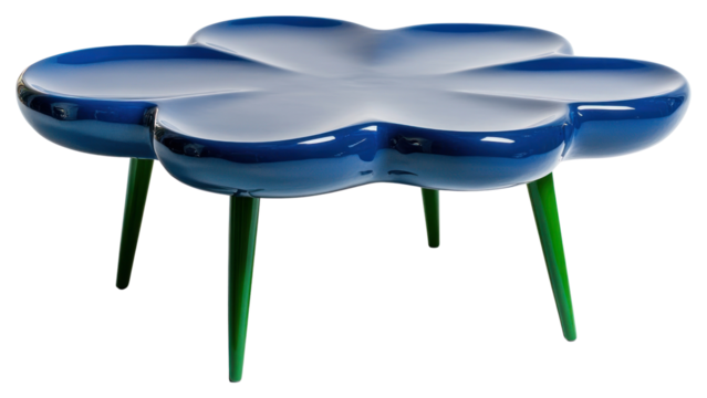 PNG Mid-century blue coffee table with rounded edges with slim green legs furniture flower-shaped contemporary.