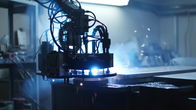 Industrial robotic arm performing a precision task in a dark manufacturing facility.  Blue light highlights the active work zone