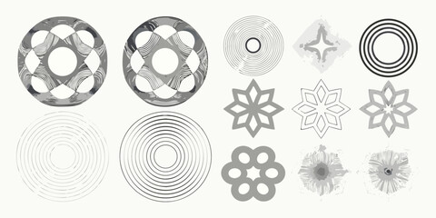 Collection of abstract geometric shapes and circular patterns in grayscale with textured and line art designs