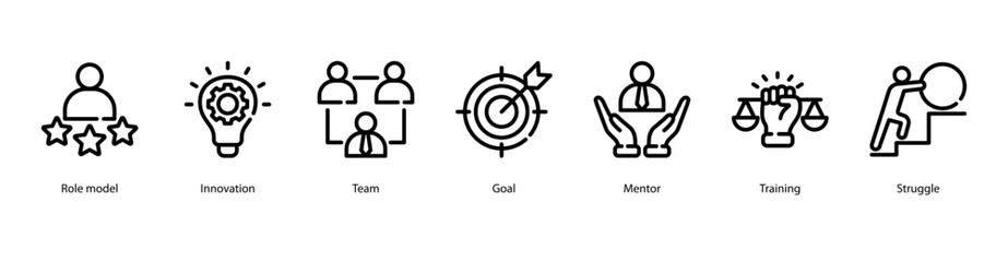 Fototapeta premium Role Model web banner icon vector illustration featuring Role Model, Innovation, Team, Goal, Mentor, Training, and Struggle.