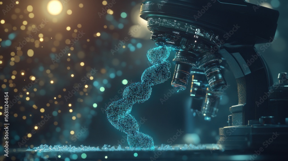 Poster detailed 3d rendering of dna under a microscope.