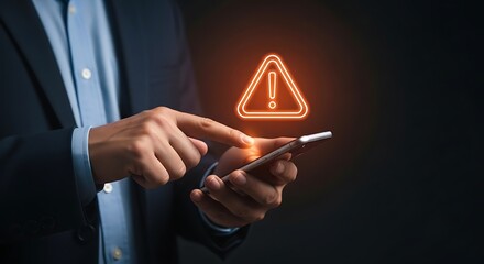 Man using smartphone receiving a security alert with an exclamation mark signifying a potential threat or warning on a black background