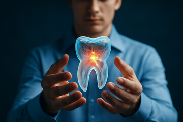 AI generated image of a futuristic dental concept featuring a glowing 3D transparent tooth model held by a medical professional. The image conveys advanced medical technology, precision, and healing.