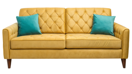Mustard Yellow Velvet Button Tufted Sofa with Teal Pillows on Transparent Background