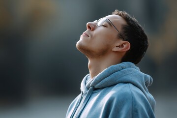 x-default Young Man in Hoodie Taking a Deep Breath Outdoors