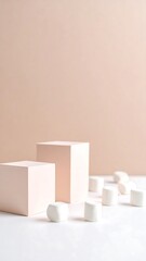 Pastel pink and white display with marshmallows