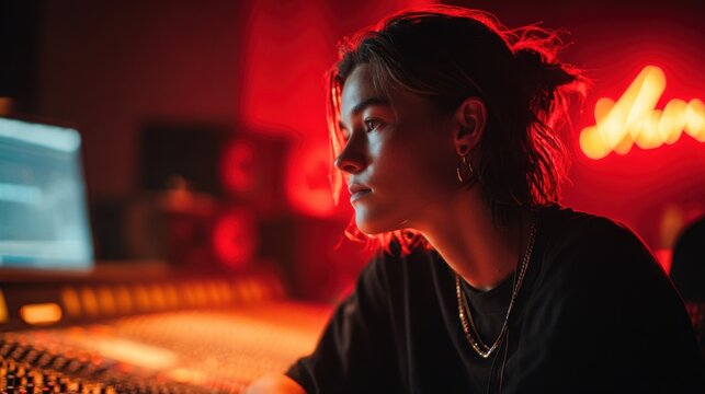Female music producer on a mixing console - Powered by Adobe