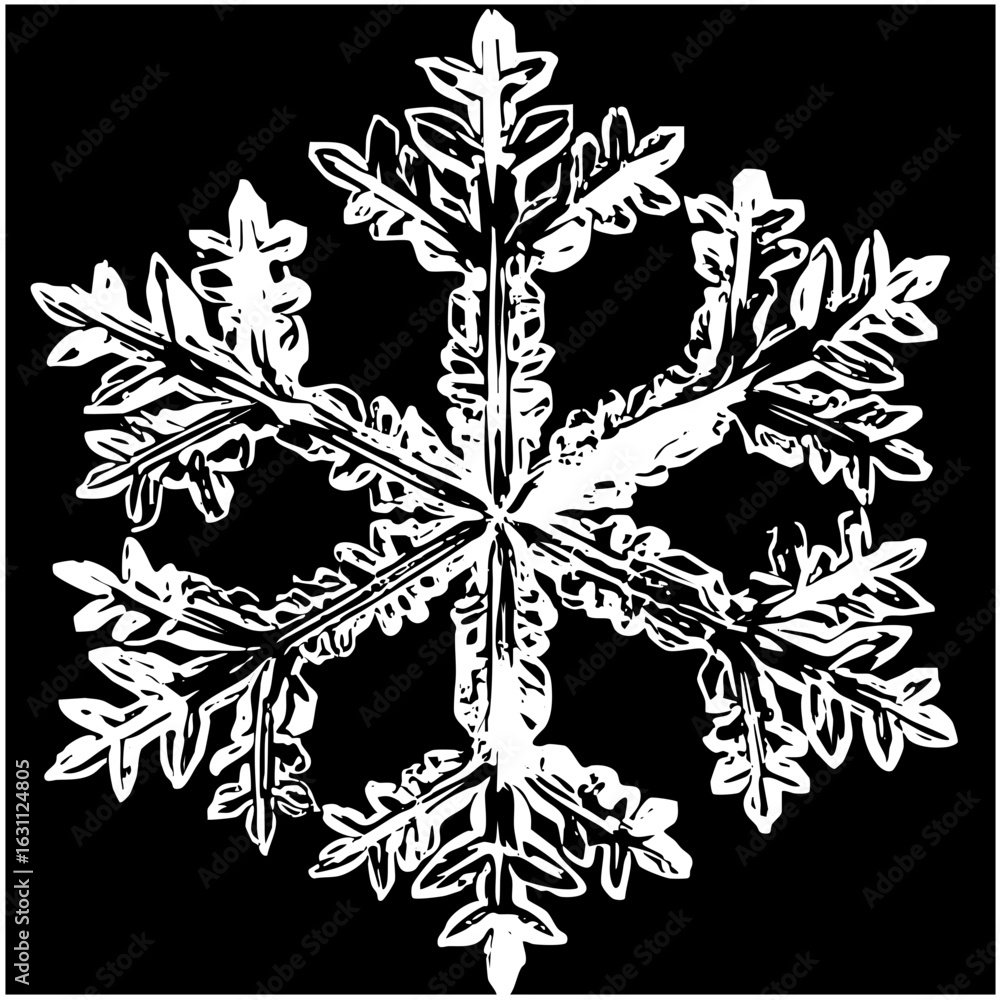 Poster vector intricate white snowflake with detailed branching arms.