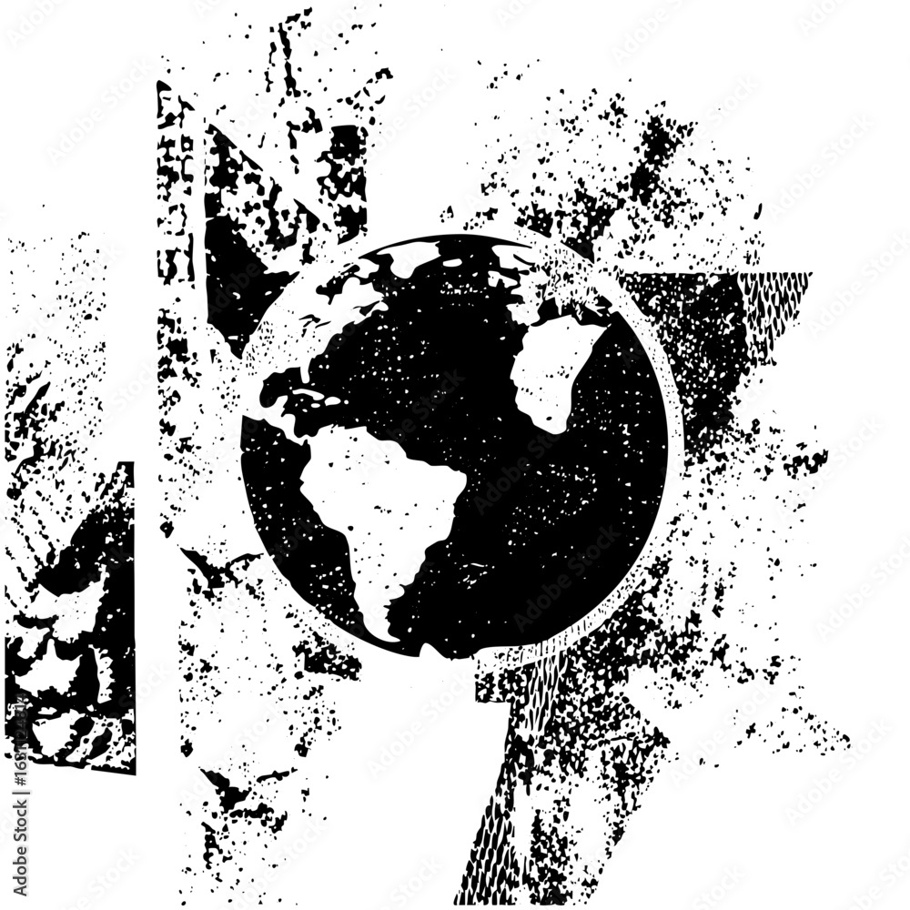 Poster vector globe and abstract shapes in distressed style.