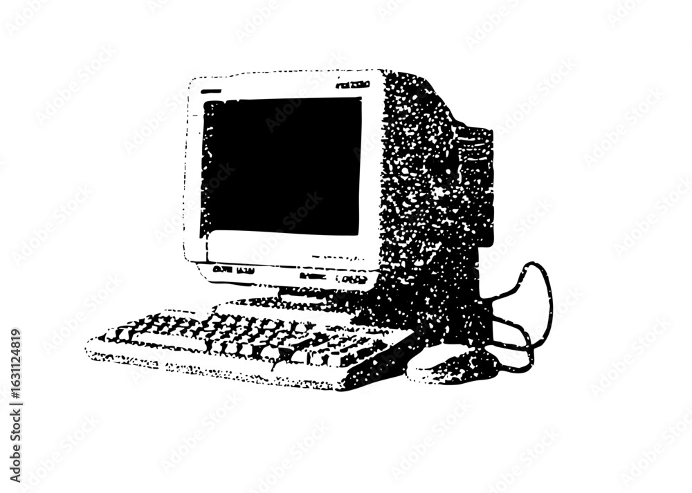 Poster vector vintage computer setup with monitor keyboard and mouse.