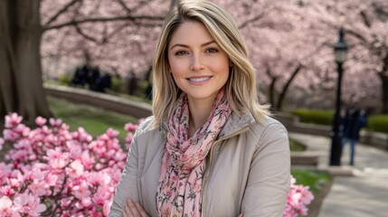 Obraz premium Woman smiles in a park filled with pink blossoms.