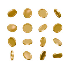 Collection of 3D rendered golden coins in various angles and rotations, isolated on a transparent...